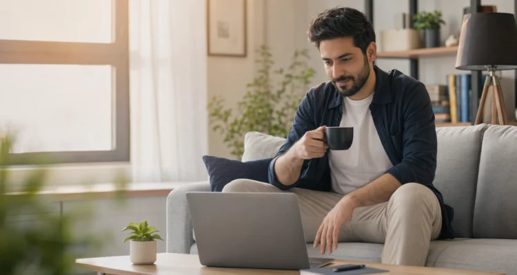 مرد جوان ایرانی روی مبل خانه‌ای دنج با قهوه و لپ‌تاپ در حال مدیریت آرام جلسات