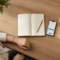 نمای از بالا از میز چوبی مرتب با دفترچه، قهوه و موبایل در کنار زن ایرانی حرفه‌ای برای مدیریت رزرو جلسه کوچینگ