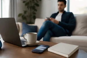 میز کوچک کنار مبل با لپ‌تاپ، قهوه و موبایل دارای اعلان‌های محو برای نشان دادن چالش هماهنگی دستی جلسات
