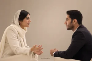 دو متخصص در گفتگوی نیم‌رخ داخل استودیوی حرفه‌ای با حس نظم و رزرو بی‌دردسر